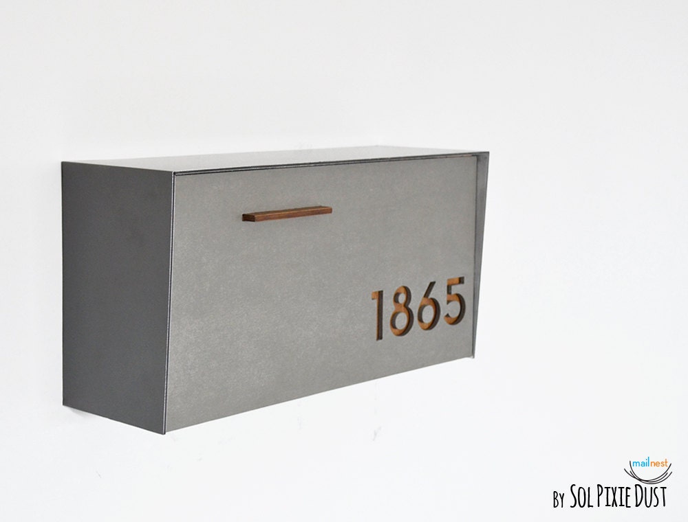 Modern Mailbox with Concrete Face, Aluminum Body and Dark Oak Wood Va…