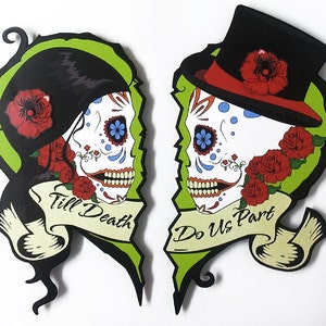 Set of 2 Parts Till death do us part Wedding - Sugar Skull - Dia de Los Muertos - Calavera - Wall Clock - Wall deco