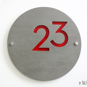 Modern House Numbers , Round Concrete with Red Acrylic - Contemporary Home Address -Sign Plaque - Door Number