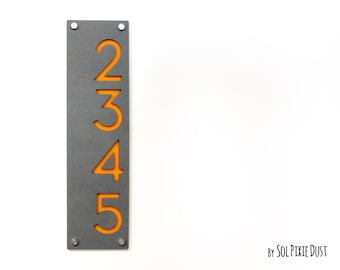 Modern House Numbers, Concrete with Yellow Acrylic - Vertical 2- Contemporary Home Address -Sign Plaque - Door Number