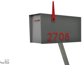 Contemporary Post Mounted Mailbox / Aluminum Gray Body and Door with Red Acrylic Numbers, Modern Design, Custom Mailbox, Mailnest Type 4