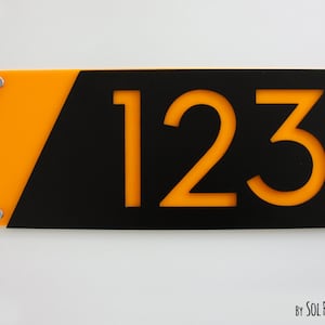 Modern House Numbers, Black with Yellow Acrylic - Contemporary Home Address -Sign Plaque - Door Number