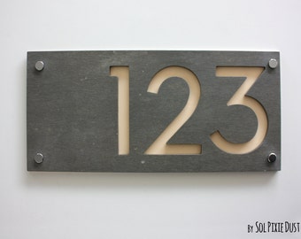 Modern House Numbers, Rectangle Concrete with Beige Acrylic - Contemporary Home Address -Sign Plaque - Door Number