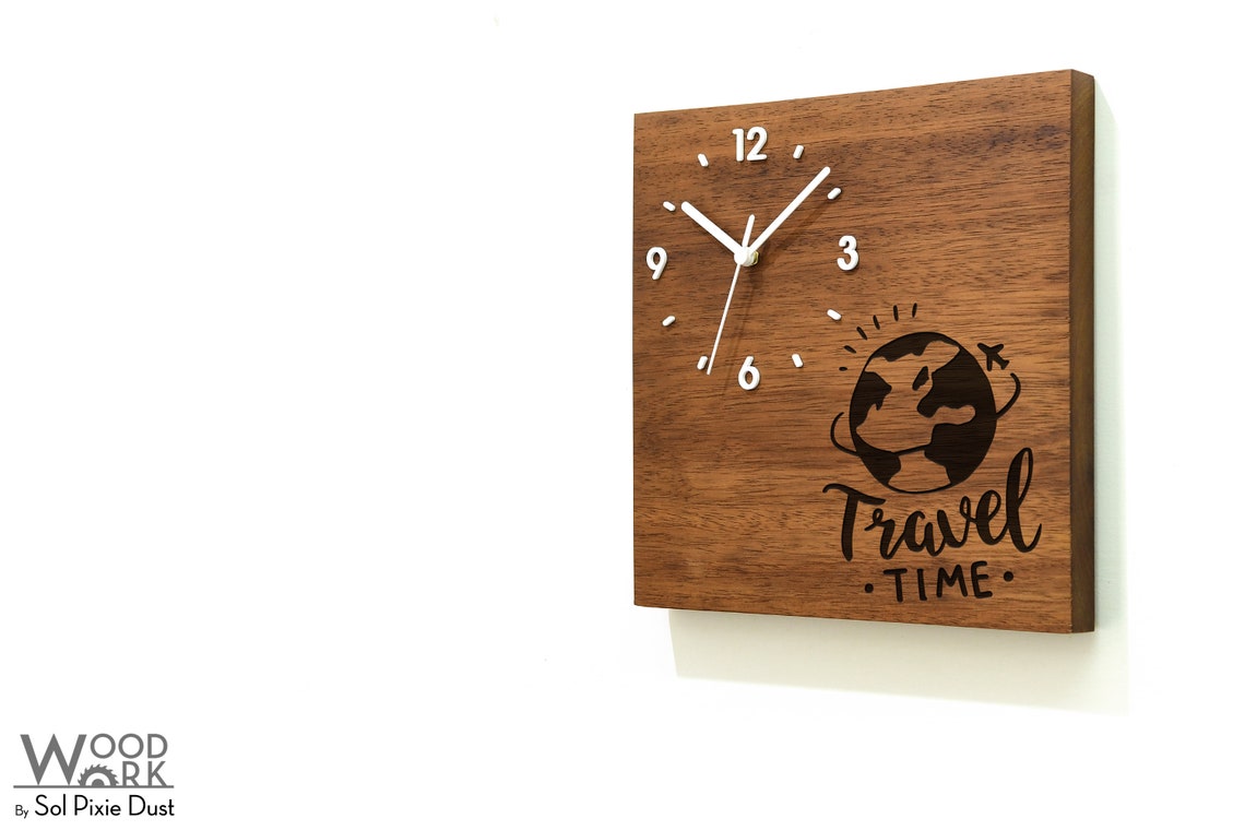 Solid Wood Wall Clock Travel Time Wood Laser Engraved Etsy