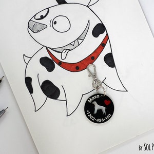 May include: A black and white cartoon dog with a red collar and a black and white dog tag with the name "Maza" and a phone number. The dog tag has a red heart on it.