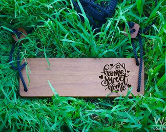 Wooden Tree Swing - Solid African Teak Wood - Personalized Housewarming Gift - Custom Laser Engraving - Home Sweet Home - Garden Rope Swing