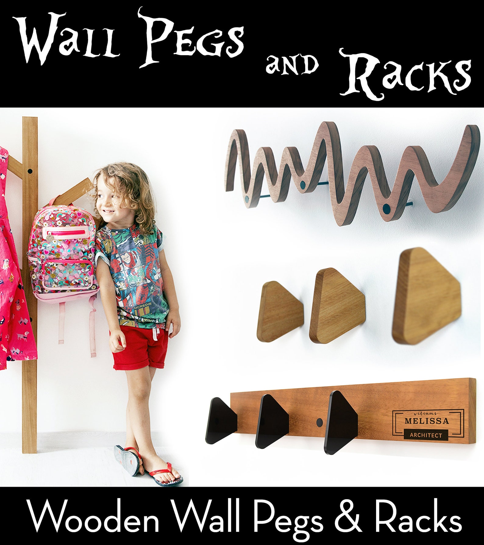 Wall Engraved Rack Wall Mount Wooden Hook Rack - Laser Engraving - Wall Hook - Clothing ...