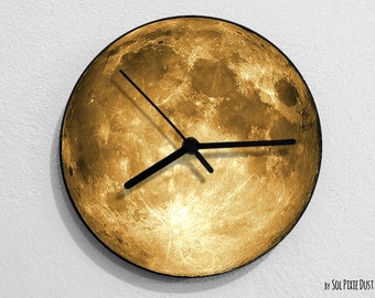 Yellow Moon - Moon Wall Clock - Horloge murale Unique - Décoration murale - Idée cadeau - Option rétroéclairée LED RGB 5V