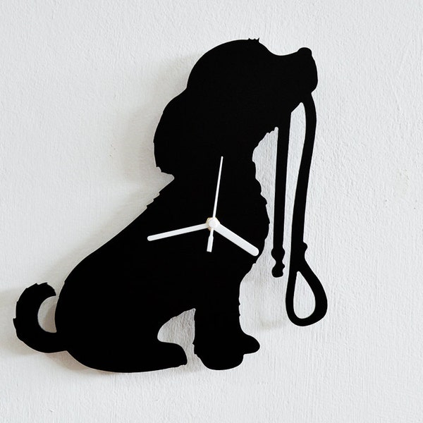 Dog Ready for a Walk Holding his Leash  - Wall Clock Silhouette