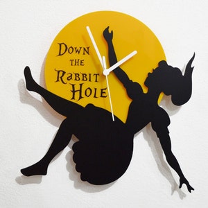 Alice Clock Wonderland Down the Rabbit Hole Black & Yellow Silhouette Wall Clock image 1