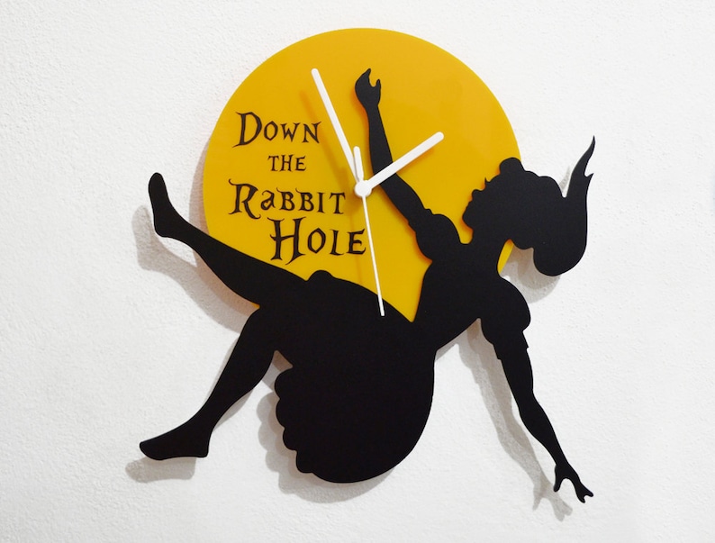 Alice Clock Wonderland Down the Rabbit Hole Black & Yellow Silhouette Wall Clock image 1