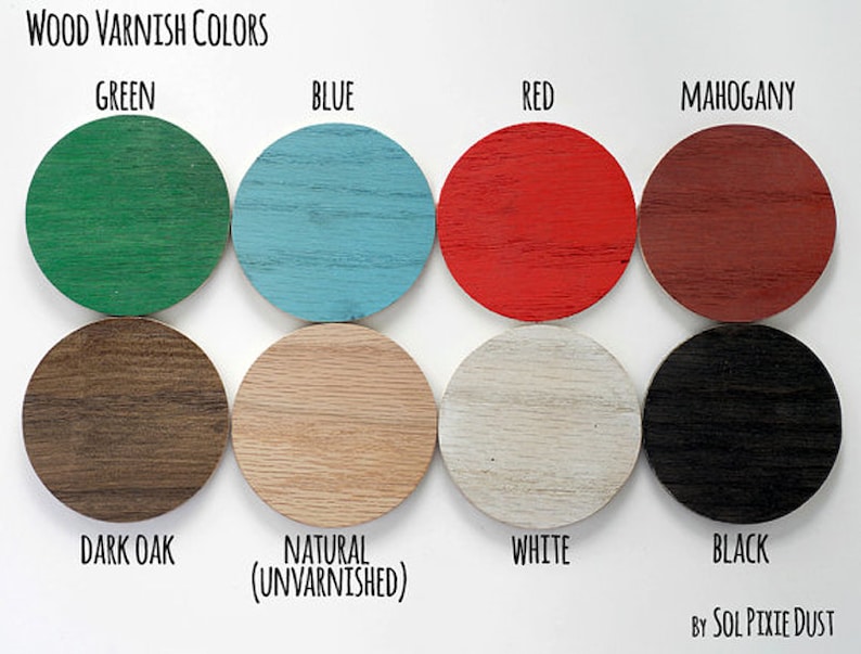 May include: Wood varnish color samples in green, blue, red, mahogany, dark oak, natural (unvarnished), white, and black.
