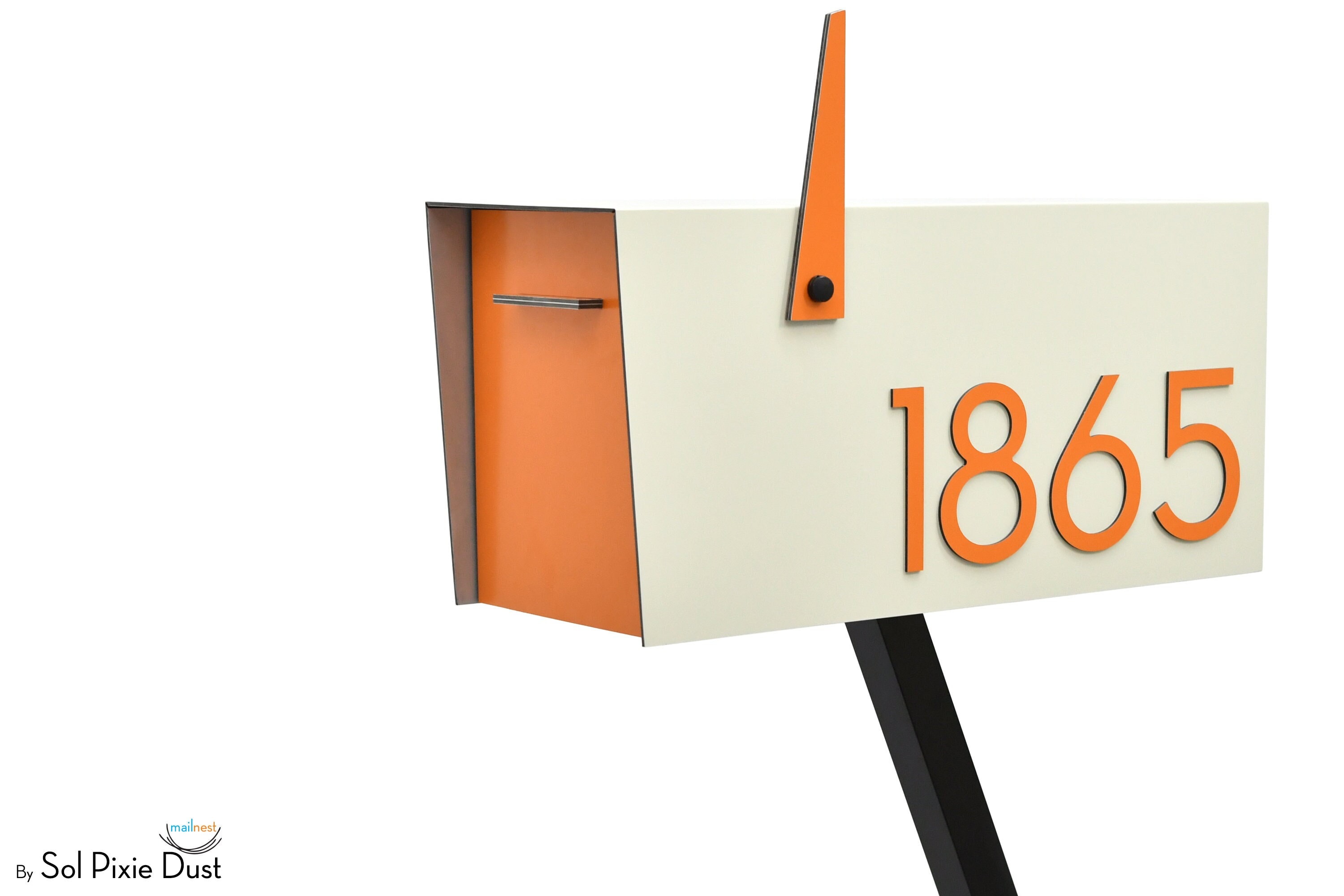 Contemporary Post Mounted Mailbox - Aluminum Ivory White Body and Aluminum Orange Door and Numbers - Modern Design - Custom Mailbox - Type 4