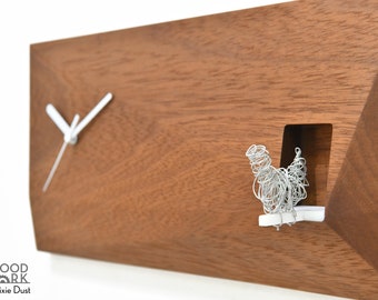 3D koekoeksklok met zilveren vogel - massief houten wandklok - massief hout Iroko - hedendaagse wandmontage klok - minimalistisch - moderne klok