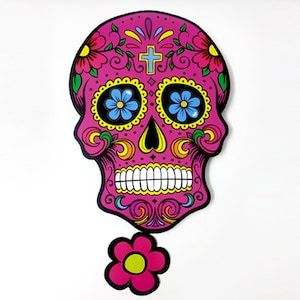 Calavera de Azúcar Fucsia Grande - Día de Muertos -Dia de Los Muertos - Calavera - Reloj de Pared de Péndulo - Wall Deco