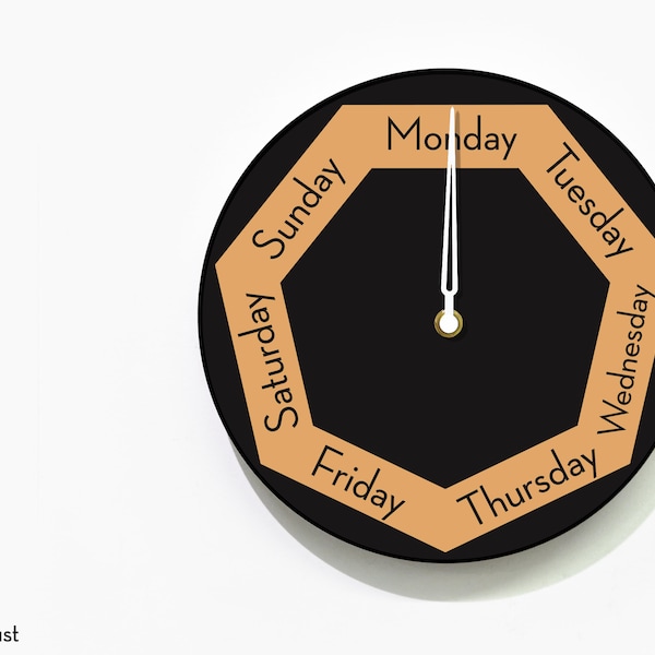 Day of The Week Clock - Round Black & Orange Wall Clock - Week Clock - Fun Clock Gift - Funny Office Clock - RGB LED 5V Backlit Option