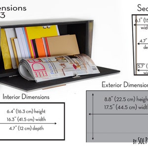May include: A gray wall-mounted mailbox with a hinged door that opens to reveal an interior space for mail and magazines. The mailbox has interior dimensions of 6.4 inches high, 16.3 inches wide, and 4.7 inches deep. The exterior dimensions are 8.8 inches high and 17.5 inches wide.