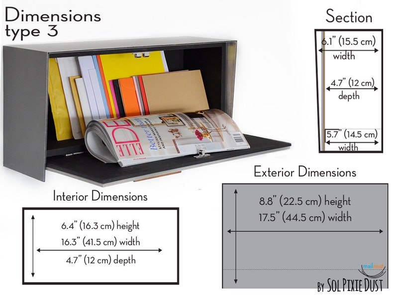 May include: A gray wall-mounted mailbox with a hinged door that opens to reveal an interior space for mail and magazines. The mailbox has interior dimensions of 6.4 inches high, 16.3 inches wide, and 4.7 inches deep. The exterior dimensions are 8.8 inches high and 17.5 inches wide.