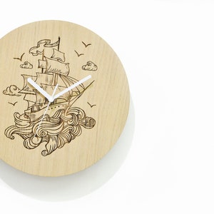 Wooden Laser Engrave Wall Clock - Sailing Ship - Kids Nursery Room - Baby Room - Playroom Decor - Nursery Wall Decor - Customize Clock