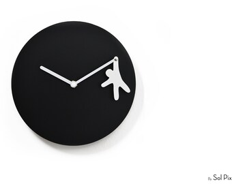 Unique Minimalist Wall Clock - Black & White with Hanging Man - Wall Decoration - Unique Fun Gift Idea - Funny Clock - Customizable Clock