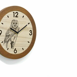 Wooden Round Clock - Laser Engraved - Simple Solid Wood Clock - Minimalist Wooden Art - Modern Wall Mount - Animal Theme Clock - Owl Lover