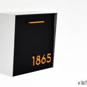 Mailbox with Black Aluminum Face, Brush Silver Body and Yellow Acrylic Number, Modern Design, Custom Wall Mounted Mailbox, Mailnest Type 1