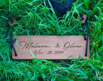 Columpio de árbol de madera - Madera maciza de teca africana - Grabado personalizado - Columpio interior / exterior - Decoración de granja en el exterior - Juguetes para niños de jardín