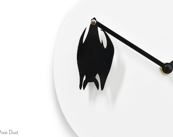 Unique Minimalist Wall Clock - White & Black with Hanging Bat - Wall Decoration - Unique Gift Idea - Funny Clock - Silent Clock - Bat Clock