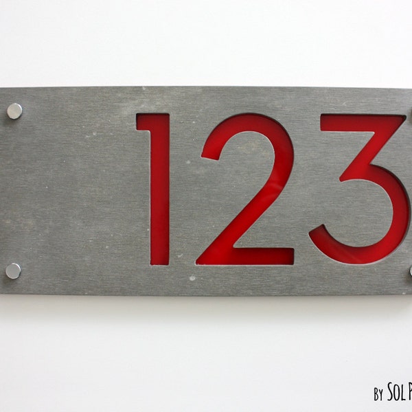 Modern House Numbers, Rectangle Concrete with Red Acrylic - Contemporary Home Address - Sign Plaque - Door Number