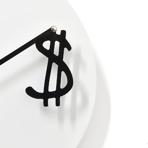 Unique Minimalist Wall Clock - White & Black with Hanging Dollar - Unique Fun Gift Idea - Customizable Colors - Funny Clock - Time is Money