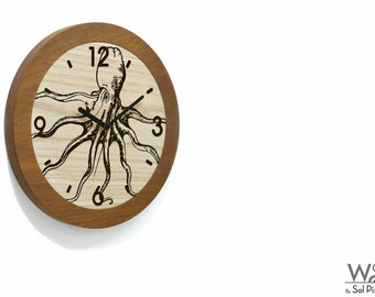 Wooden Round Clock - Laser Engraved - Simple Solid Wood Clock - Personalized Clock - Animal Theme Clock - Octopus - Sea Life - Beach House