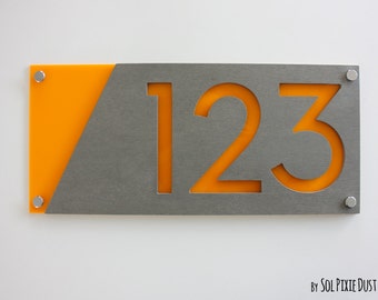 Modern House Numbers, Concrete with Yellow Acrylic - Contemporary Home Address -Sign Plaque - Door Number