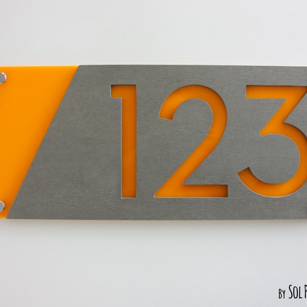 Modern House Numbers, Concrete with Yellow Acrylic - Contemporary Home Address -Sign Plaque - Door Number