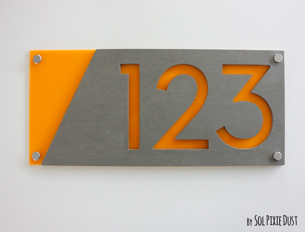 Modern House Numbers, Concrete with Yellow Acrylic - Contemporary Home Address -Sign Plaque - Door Number