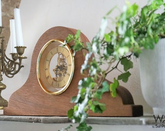 Wooden Mantel Clock - Shelf Clock - Skeleton Clock Face - Solid Iroko Wood - Fireplace Clock - Moving Gears - Table Clock - Room Decor