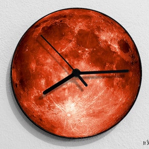 Red Moon - Moon Wall Clock - Wall clock Unique - Wall Decor - Gift Idea - RGB LED 5V Backlit Option
