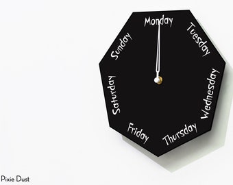 Day of The Week Clock - Heptagon Black Wall Clock - Week Clock - Fun Clock Gift - Office Clock - RGB LED 5V Backlit Option