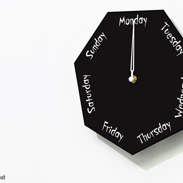 Day of The Week Clock - Heptagon Black Wall Clock - Week Clock - Fun Clock Gift - Office Clock - RGB LED 5V Backlit Option