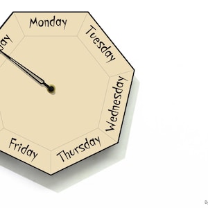 Könnte beinhalten: Eine cremefarbene, siebeneckige Uhr mit den Wochentagen am Rand. Die Zeiger der Uhr zeigen auf Sonntag. Die Uhr befindet sich auf einem weißen Hintergrund.