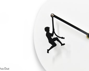 Unique Minimalist Wall Clock - White & Black with Hanging Boy Swinging on the Rope - Wall Decoration - Unique Gift Idea - Kids Room Decor