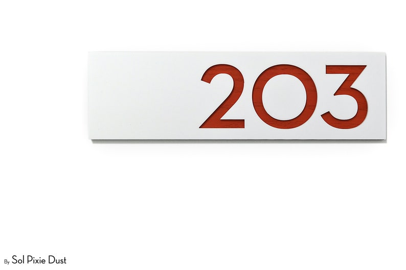 Number 203 Sign Interior Modern Number Plague - White Acrylic and Red Marine Plywood ...