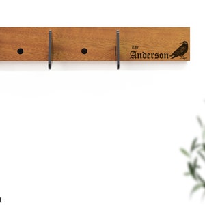 Wall Mount Wooden Hook Rack - Personalized Laser Engraving - Wall Hook - Clothing Hanger - Custom Family Name - Raven - Housewarming Gift