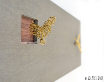 Cuckoo Clock with Gold Wire Bird - Concrete and Wood - Rectangle Wall Clock - Modern Minimalist Wall Clock - Gift Idea - Home Decor