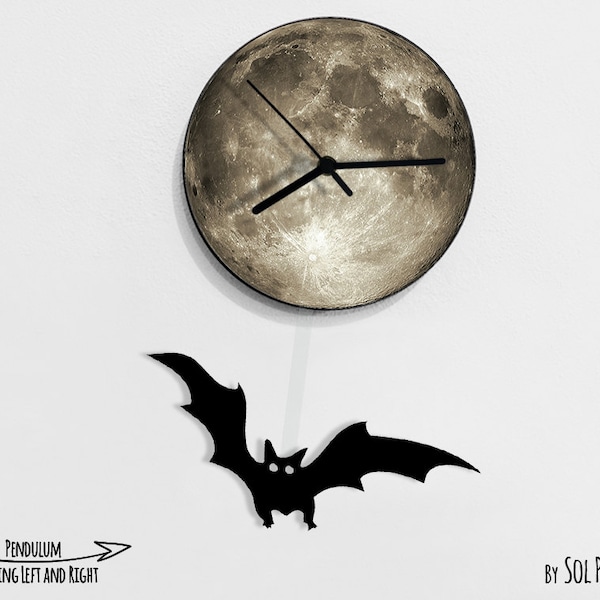 Halloween Fledermaus Swinging on Moon - Wanduhr mit Pendel - Wanduhr Unikat - Wanddeko - Geschenkidee