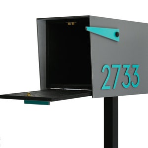 Contemporary Post Mounted Mailbox, Aluminum Metallic Gray Body and Ocean Green Door and Number, Modern Design Custom Mailbox Mailnest Type 4 image 3