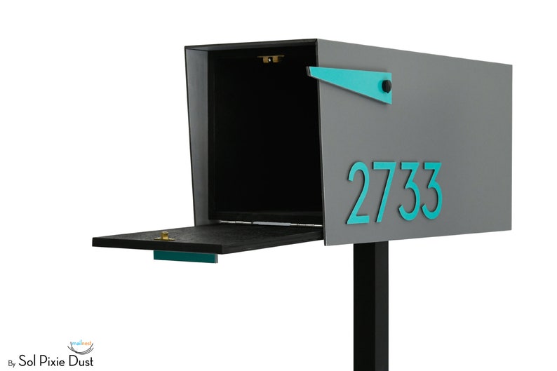 Contemporary Post Mounted Mailbox, Aluminum Metallic Gray Body and Ocean Green Door and Number, Modern Design Custom Mailbox Mailnest Type 4 image 3