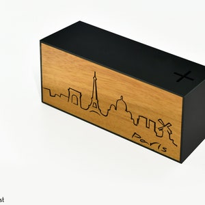 Wood Money Box - Personalized Money Bank - Travel Fund Box - Vacation Saving Coins Bank - Holiday Gift Idea - Custom Engrave - Paris Skyline