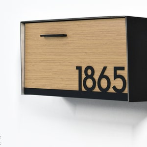 Mailbox with Black Aluminum Body, Bamboo Face and Underline Black Acrylic Number, Custom Personalized Mailbox, Modern Wall Mounted, Type 3