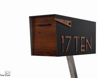 Contemporary Post Mounted Mailbox, Aluminum Black Body and Aluminum Red Oak Door and Numbers, Modern Design, Custom Mailbox Mailnest Type 4