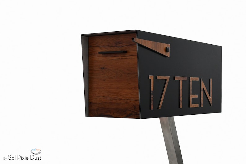 Contemporary Post Mounted Mailbox, Aluminum Black Body and Aluminum Red Oak Door and Numbers, Modern Design, Custom Mailbox Mailnest Type 4 